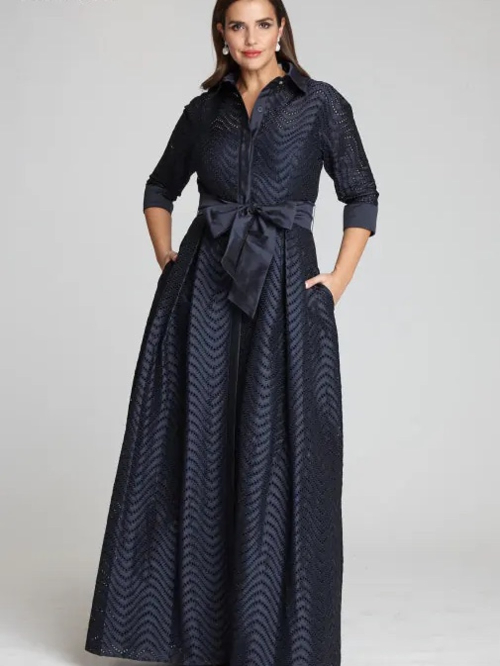 Collared Navy Lace Maxi Dress with Satin Waist Bow
